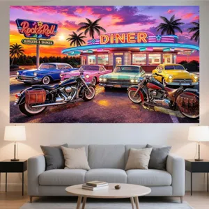 Retro 50s Diner background tapestry with classic cars and motorcycles for party decor