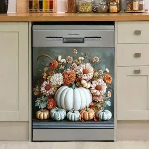 Autumn Thanksgiving magnetic dishwasher cover with white pumpkin and rustic floral design.
