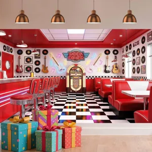 Retro 50s Diner theme backdrop for birthday party featuring jukebox and guitar graphics