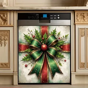 Elegant Christmas dishwasher magnet cover decal featuring a large green bow and red berries