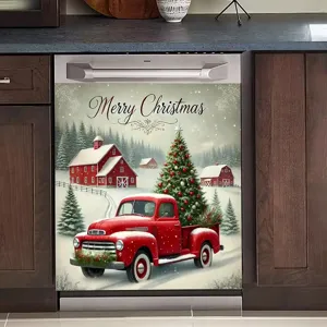 Festive Christmas dishwasher door cover magnet featuring vintage red truck and tree print