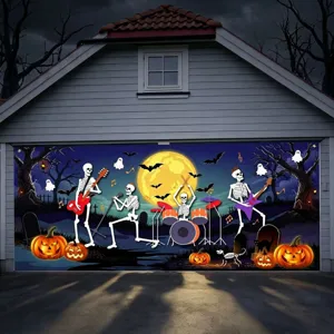 Halloween garage door banner featuring a skeleton rock band and glowing pumpkins