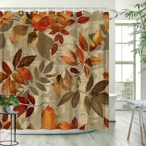 Herbst Ahornblatt Kürbis Duschvorhang Vintage Holzmaserung Blumenmuster Polyester Wasserdichter Badezimmervorhang Mit Haken