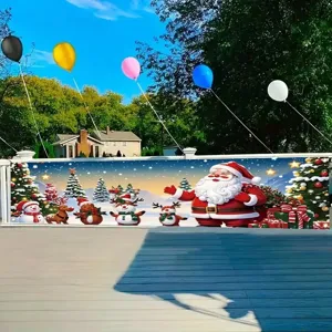 Festive Christmas Outdoor Garden Fence Banner Vintage Cartoon Printed Santa Claus Reindeer Snowman Polyester Party Backdrop Banner