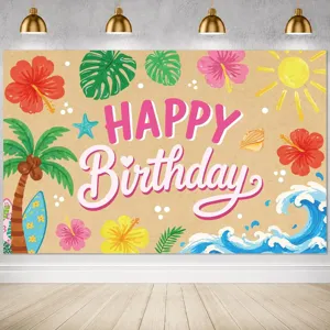 Tropical Island Palm Tree Happy Birthday Backdrop Printed Flamingo Beach Sea Wave Photography Background Polyester Fabric Banner Wall Tapestry For Summer Party Decor