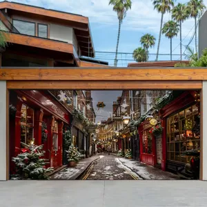 Bannière de porte de garage de Noël avec une scène de rue européenne enneigée décorative.