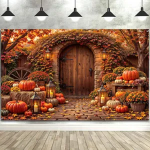 Autumn Thanksgiving photography backdrop with pumpkins, lanterns and maple leaves