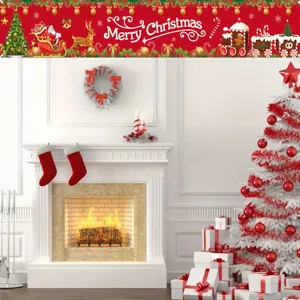 Red Merry Christmas outdoor banner with Santa and reindeer cartoon prints for party decoration