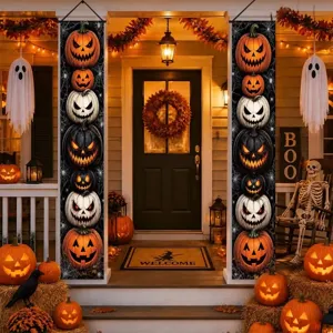 Halloween porch banners with stacked pumpkin designs for festive outdoor decoration