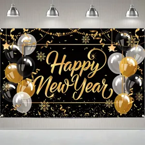 Elegant black and gold Happy New Year backdrop with balloons and snowflakes for party decor