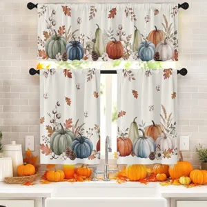 Juego de cortinas de cocina de Acción de Gracias con estampados de calabazas y hojas