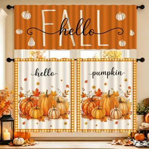 Juego de cortinas de cocina de otoño con estampado de calabazas y texto Hello Fall