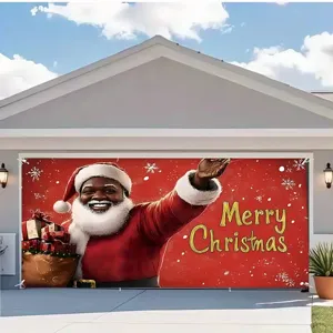 Bannière de porte de garage de Noël festive avec un Père Noël noir souriant et des cadeaux