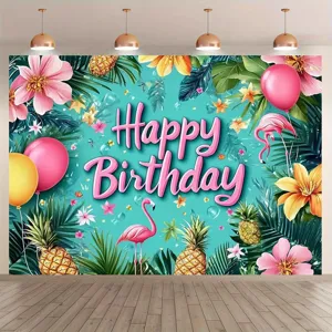 Summer island birthday backdrop with flamingos, pineapples and palm leaves