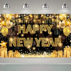 Festive Happy New Year party backdrop with gold glitter balloons and gift box elements