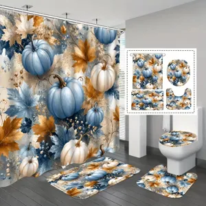 Thanksgiving 4-piece bathroom set with blue pumpkins and maple leaf floral pattern decoration
