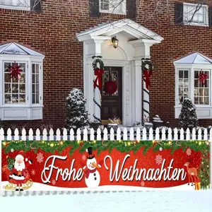 Outdoor Christmas fence banner featuring Santa and Snowman with Merry Christmas text