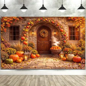 Autumn photography backdrop with pumpkins and maple leaves for Thanksgiving parties