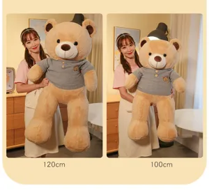 Comparison view of two giant teddy bear plush toys in grey sweaters, 120cm and 100cm sizes