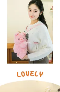 Detailed side view of a cute pink plush pig backpack worn by a model in a room