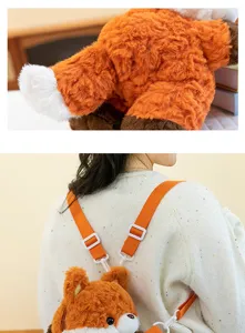 Detailed view of plush fox backpack with soft faux fur texture and adjustable straps