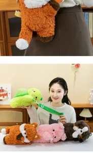 Detailed view of cute plush animal backpacks featuring fox, pig, dog, and turtle designs.