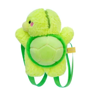 Adorable cartoon turtle plush backpack featuring soft neon green fur and adjustable straps