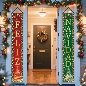 Christmas Door Banner Decoration Festive Polyester Vertical Couplet New Year Porch Sign Hanging Flag For Outdoor Home Party Decor