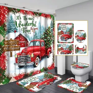 Christmas Theme Bathroom Set Polyester Waterproof Shower Curtain With Non-Slip Rug Toilet Lid Cover U-Shaped Mat Decor (YL-0314)