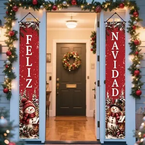 Red Feliz Navidad Christmas porch banners with cute snowmen for front door decor