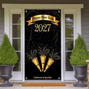 New Year Eve Party Door Banner Black Gold Clock Champagne Glass Pattern Polyester Door Decoration Hanging Tapestry