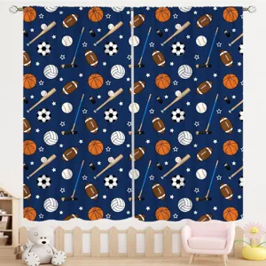 Sports Ball Pattern Curtains For Kids Room Basketball Football Print Polyester Window Drapes For Bedroom Two Panels Home Decor