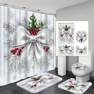 Christmas bathroom 4-piece set with elegant white bow and holly berry pattern decoration