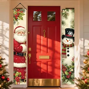 Festive Christmas door banners with Santa and snowman designs for holiday porch decor