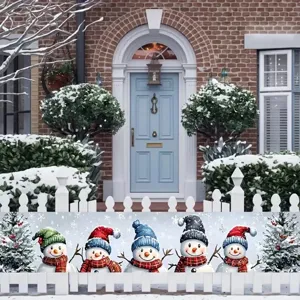 Pancarta navideña para valla con cinco lindos muñecos de nieve y coloridos gorros.
