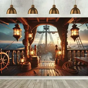 Vintage pirate ship deck backdrop with lanterns and sunset view for themed parties.