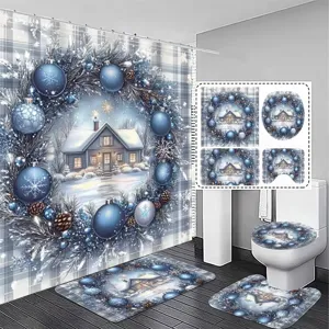 Blue Christmas 4-piece bathroom set with shower curtain, mats, and wintry cabin wreath design