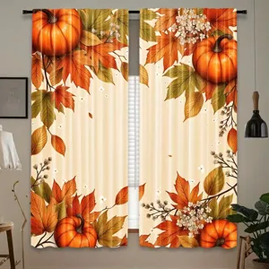 Thanksgiving autumn harvest curtain with vintage pumpkin and maple leaf print for home.