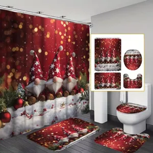 Festive 4-piece Christmas bathroom set featuring three cute gnomes and red snowy background