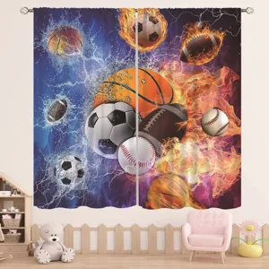 Sports themed kids curtains with soccer and basketball fire and water prints