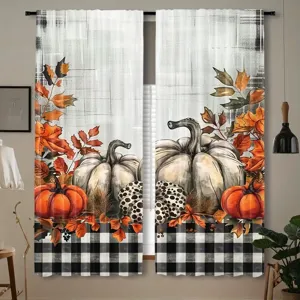 Halloween window curtain featuring autumn pumpkins and black and white plaid pattern