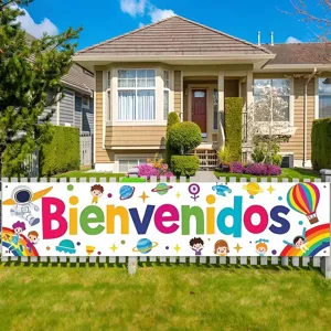 Striscione spagnolo Bienvenidos per il ritorno a scuola con bambini animati e temi spaziali