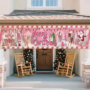 Pancarta rosa festiva Merry Christmas para porche con Papá Noel y casa de jengibre