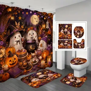 Halloween 4-teiliges Badezimmerset mit süßen Geist- und Kürbisdrucken auf Duschvorhang und Matten