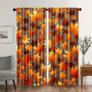 Autumn maple leaf print window curtains for Thanksgiving home decor, vintage living room drapes.