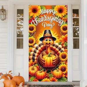 Banner per porta del Ringraziamento con simpatico tacchino e zucche decorative