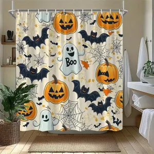 Halloween cartoon shower curtain with ghost and pumpkin prints for bathroom decor