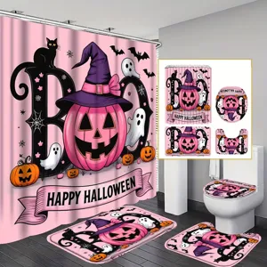 Rosa Halloween Badezimmer-Set mit Kürbis- und Geist-Druck 4-teiliger Duschvorhang