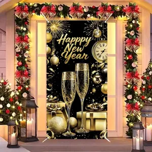 Elegant black and gold New Year party door banner featuring champagne and clock motifs