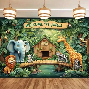 Jungle animal theme photography backdrop with cartoon lion, elephant, and giraffe